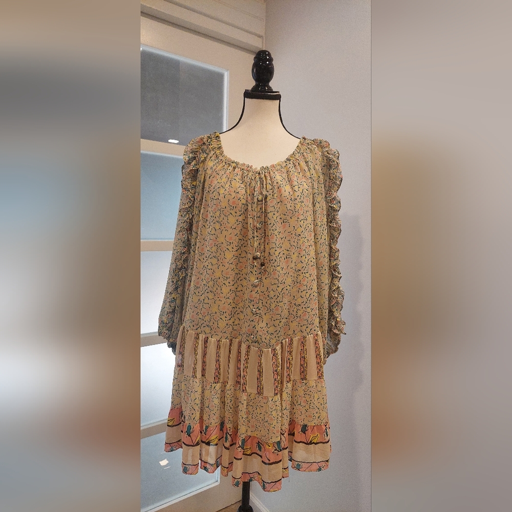 Boho Floral Tiered Peasant Dress in Pale Yellow